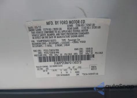 2015 Ford Taurus Sel from USA, damaged, VIN 1FAHP2E86FG150273